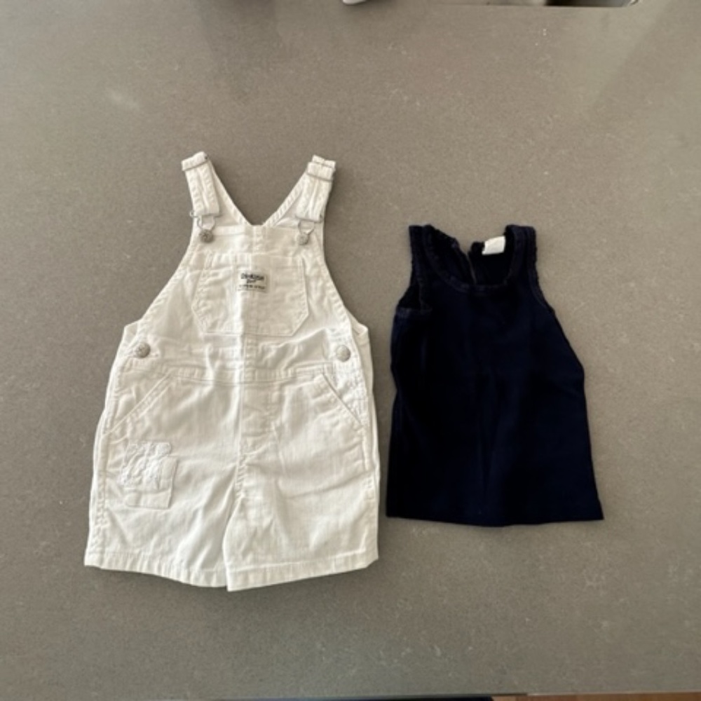 Oshkosh B'gosh Toddler 2T White Overall Shorts w/ Gap Navy Tank -Worn 2x